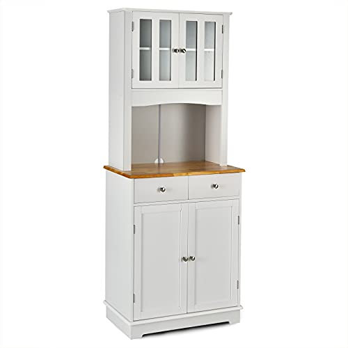 COSTWAY 170cm Tall Kitchen Cupboard, Buffet Pantry Storage Cabinet with Rubber Wood Countertop, Tempered Glass Doors, Adjustable Shelves & 2 Drawers, Dining Room Wooden Sideboard Organizer (White)