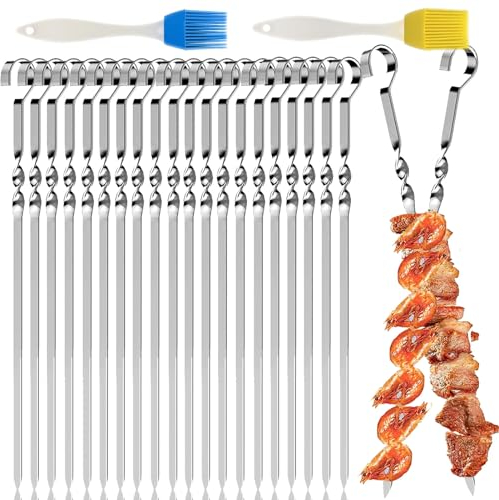 20 Stücke Grillspieße Edelstahl,Grill Kabob Spieße mit 2 Silikonbürste,Grillspieße aus Rostfreiem Edelstah,BBQ Edelstah Grillspieße,Edelstah Grill Kabob,Für Fleisch,Schaschlik,Kebab.
