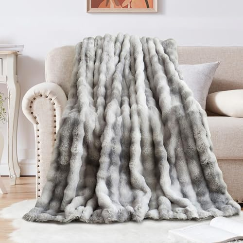 Shanna Mjuka, varma filtar i kaninfuskpäls, fleecefiltar, 1 000 g/m², överkast för soffa, stor, fluffig, mångsidig filt, sängöverkast, för sovrum, soffa, resor, barn, camping (grå batik, 130 x 160 cm)