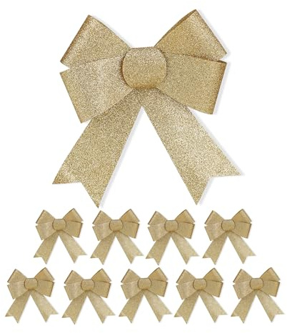 Relaxdays Grand Noeud Cadeau, Lot de 10, décoration Noël, Ruban pour Sapin, Voiture, Mariage, doré