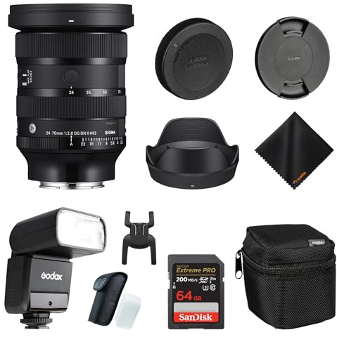 Sigma 24-70mm f2.8 DG DN II Art Lens Sony E, Full Frame Format, Six SLD Elements, Rounded 11-Blade, Godox Flash TT350S Mini, 64GB Extreme PRO Memory Card & Waith Cleaning Cloth (Bundle Set)