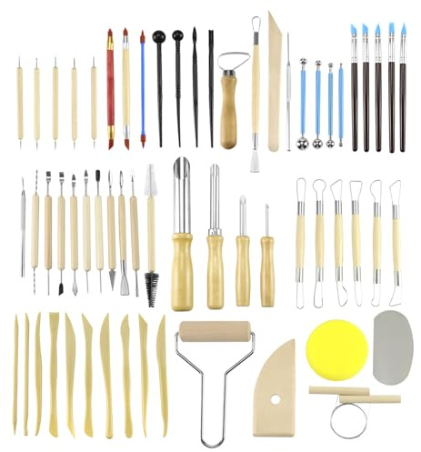 QWORK® 61pcs Sculpting Tools Set, Ceramic Tools Clay Sculpting Tool, Polymer Clay Tools with Stainless Steel Tips, for DIY Art, Engraving, Modeling, Embossing