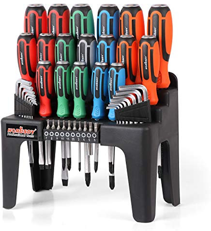 44-Piece Magnetic Screwdriver Set: Heavy Duty Screwdriver Set with Go-Thru Steel Blades, High Torque, Plastic Racking