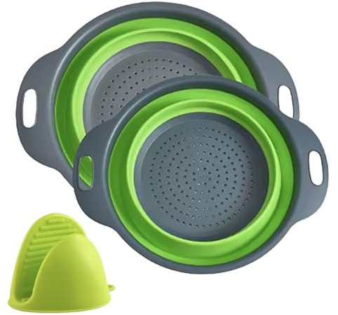 Collapsible Colander Set, 2 Pack (1x Large, 1x Small), BPA Free Silicone Colanders with Handles, Sieve for Pasta, Rice, and Fruits - 2 Sieves and Strainers for Kitchen with 1x Silicone Mitt (3, GREEN)