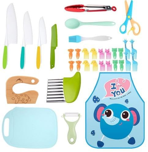 Juego de cuchillos de cocina para niños, cuchillo de chef de seguridad para niños con cortadores de verduras, cuchillo de madera, tabla de cortar, juego de corte para niños para cortar y cocinar