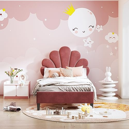 Mutuolux Enkelsäng för flickor, 90 x 200 cm, vadderad med blomformad sänggavel och ribbotten, stabil sängram, för barn och tonåringar, hudvänlig sammet, röd