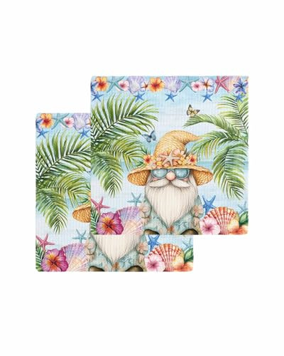 Perdecor Kitchen Dish Towels Summer Coastal Dwarf Palm Tree Waffle Weave Hand Towels Absorbent Kitchen Towel 2 Pack, Soft Microfiber Quick Drying Cleaning Cloth Tea Towels Blue Ocean Starfish