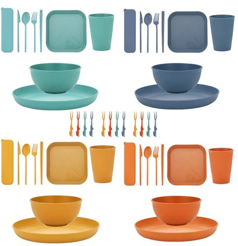 48 Pezzi Set di Stoviglie da Campeggio in Plastica Infrangibile, 8 Piatti, 4 Ciotole e 4 Tazze con Posate, Ideale per Picnic, Barbecue e Viaggi, Leggero e Resistente