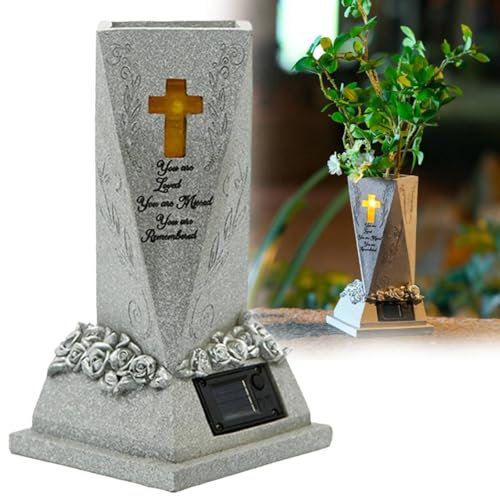 Vase funéraire pour fleurs, décoration commémorative, pots de fleurs avec lumières solaires, vase ange de prière en résine pour cour, cimetière, jardin, pelouse
