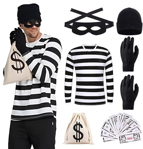 Disfraz Ladron Adulto, Conjunto de Disfraz Ladron Hombre con Camiseta, Sombrero, Guantes, Antifaz, Cartera y Billete, Disfraces Hombre para Carnaval Halloween Cosplay, Disfraces Carnaval Adultos