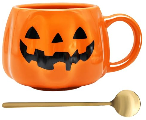 CharmBurst Taza de Calabaza Halloween, 12oz Taza de Cerámica con Cara Negra, Taza de Café Linda Otoño, Taza en Forma de Calabaza para Decoración otoñal Cumpleaños, Vaso