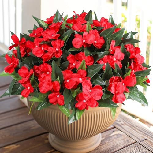 Veryhome Konstgjorda blommor, utomhus, 2 bunter, silkesblomma, bukett, falska pelargon Impatiens för utomhusbruk, inomhus, konstgjorda växter, UV-beständig, för hem, trädgård, vas, fönsterlådor