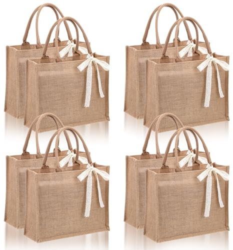 8pcs Burlap Tote Bag Set with Handles, Waterproof Reusable Blank Water Resistant Grocery Bags with Ribbon Large Jute Tote 13.7*5*11 Inch for Women Bridesmaid Gift Beach Shopping Wedding Travel DIY