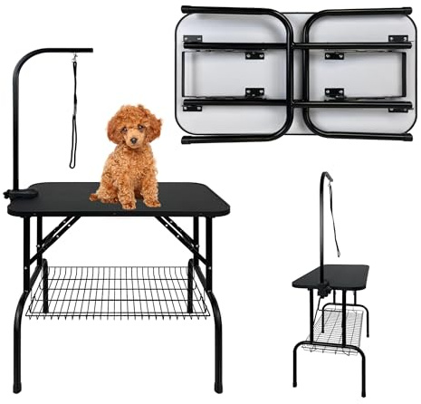 QEENTOE Table de toiletteur pour chien pliable en hauteur - Table de toilettage professionnelle avec bras de sécurité et espace de rangement - Pour salon de toilettage et usage domestique - Noir