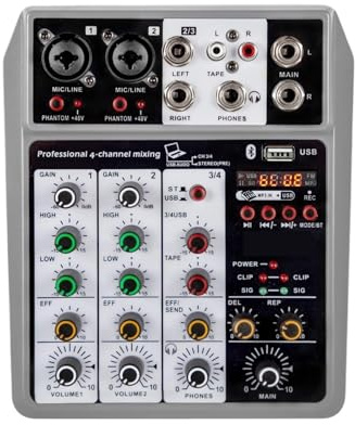 Mixer Audio, Professell 4-kanals Ljudmixer Ljudkort Mixerkonsol Digital USB Bluetooth Echo Delay Effektingång 48V för livestreaming