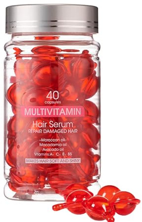 Multivitamin Hair Serum Capsules, Repair Damaged Hair, Make Hair Soft and Shiny, with Macadamia Oil, Avocado Oil, Vitamins A, C, E & B5, 40 Capsules/Bottle