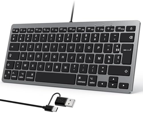 OMOTON Clavier Filaire pour Mac, Clavier Compact Portable à Double Interface USB et Type-C Compatible avec Apple MacBook Pro/Air, Mac Mini, iMac Pro, AZERTY Français, Gris