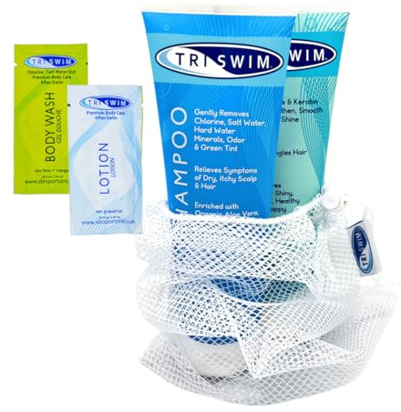 TRISWIM Hair Care Gift Set | Chlorine Shampoo and Conditioner for Swimmers, 8.5 fl oz | Paraben-Free with Aloe Vera and Chamomile | Restores Chlorine-Damaged Hair | Includes Body wash & Lotion Samples