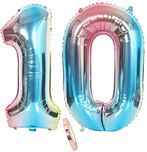 2 Luftballons Zahl 10, Nummer 10 Luftballon Regenbogen Mädchen Junge Jungs,32 Riesen Aufblasbar Helium Folienballon Blau Bunt Schillernde Ballons Figuren für Geburtstag Party Dekoration (xxxl 80cm)