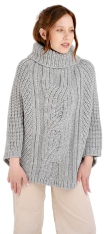 SAOL Pull en laine mérinos 100 % tricoté en câble pour femme - Poncho, gris, Taille unique