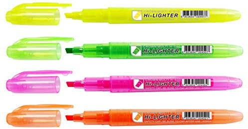 CROWN H-500 Highlighter Pens Chisel Tip Slim Highlighters - Wallet Of 4 - With Bright Fluorescent Ink - Yellow, Green, Pink And Orange