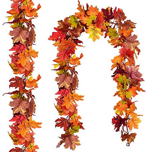 2 Pack Artificial Maple Leaf Garlands, 5.9ft/Piece Fall Maple Garland Autumn Hanging Fall Leaf Vines with 4 Hook for Indoor Outdoor Wedding Thanksgiving Dinner Party Fireplace Christmas Decor