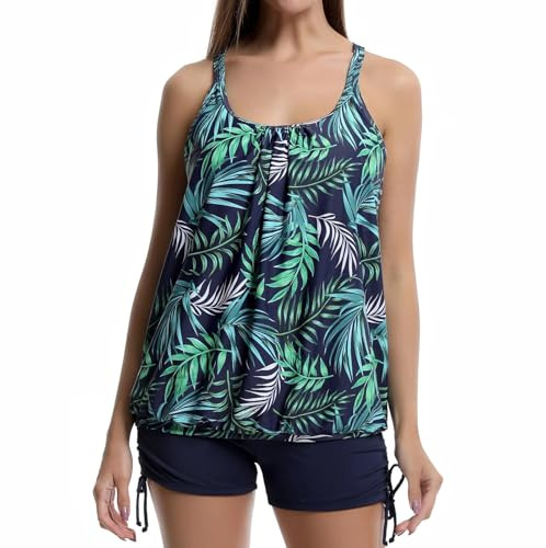 IHCEMIH Tankini Sets for Women UK, Two Piece Women's Tankinis Blouson Top with High Waisted Drawstring Floral Swim Shorts Modest Swimming Costume Tummy Control Swimwear Beach Pool Holiday Spa Blue XXL