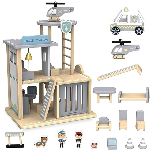 mamabrum Holz Polizeikommissariat Set - Polizeistation mit Helikopter, Auto, Polizist, Schurke, Hund & Barriere - Rollenspiel Kinderspielzeug ab 3 Jahren (9 Teile)