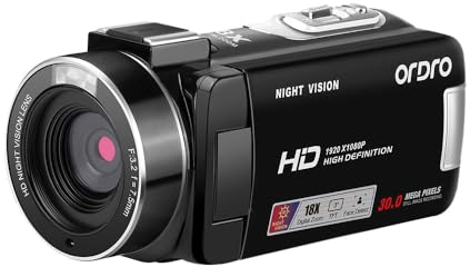 ORDRO B320 Videokamera Camcorder 1080P, 18X Zoom Vlog Kamera, Nachtsicht Kamera, 270° Drehbares HD-Display für Vlogging, YouTube und Videoaufnahmen​
