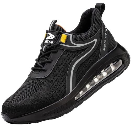 TOLHE Zapatos de Seguridad para Hombre, Zapatillas de Trabajo con Puntera de Acero, Calzado de Seguridad Ligeros, Calzado Seguridad Deportivo Transpirable Negro Plata 43EU