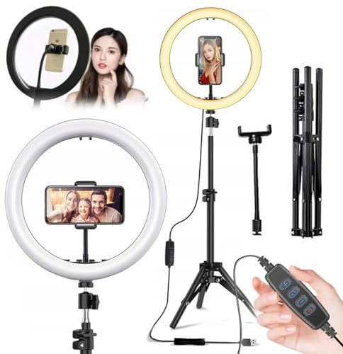 Anillo de luz LED con trípode, lámpara de anillo de 30 cm, trípode de 220 cm, mando a distancia, alimentado por USB, 3 modos de luz, 10 niveles de brillo, 80 W para maquillaje, streaming, selfies,