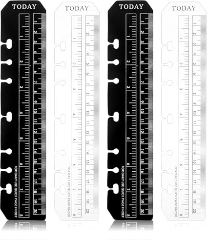 JIYIN Lot de 4 règles A5 - Marqueurs de page - Ruler - En PVC - Pour carnet de notes - Pour format A5 - 6 trous - Noir + transparent