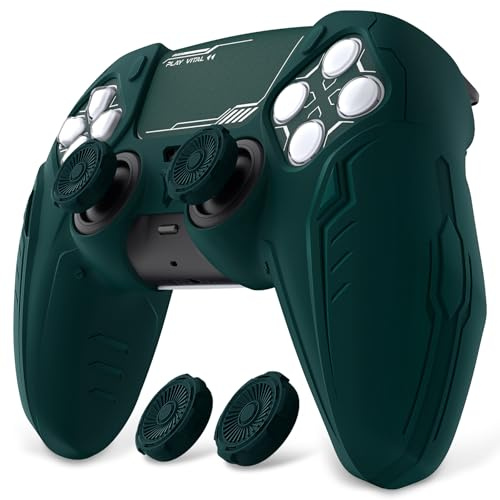 PlayVital pour ps5 Manette Coque Protection Accessoire avec Capuchon pour ps5 Controller Housse Silicone Cover Skin Compatible avec Station de Charge，Édition CyberMech-Vert Foncé