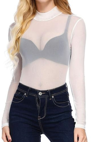 Blusa corta de malla transparente para mujer, manga larga, sexy, transparente, para club, blanco-1, M