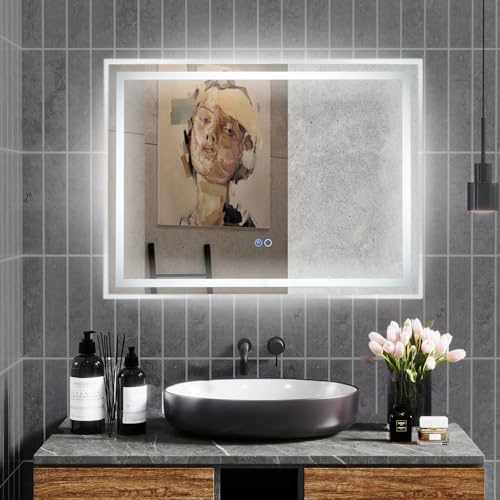 COSTWAY LED-badrumsspegel med belysning, 80 x 60 cm, badrumsspegel, anti-dimma, väggspegel, dimbar med touch-strömbrytare och minnesfunktion, LED-spegel, hängande spegel för badrum (rektangulär)