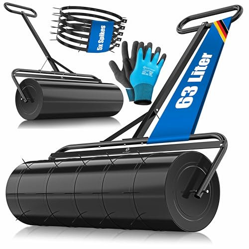 KESSER Rouleau à gazon en métal à remplir avec de l'eau ou du sable avec un volume de remplissage de 63 litres et 99 cm de large - Rouleau de jardin avec 5 pointes et gants - Rouleau manuel à gazon