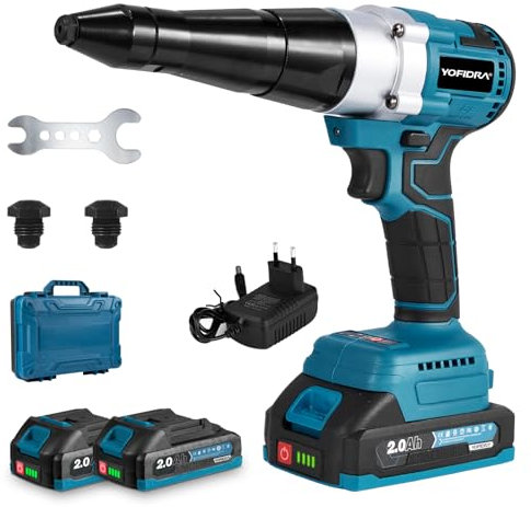 Yofidra Cordless Rivet Gun, Brushless Riveting Gun with 15,000N Torque, 20mm Stroke, Electric Rivet Gun with 2x2.0Ah Battery, Electric Drill Riveting Tool for Steel/Aluminium Rivets 2.4-5.0mm