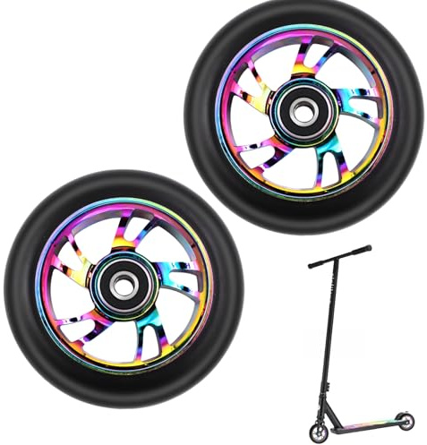 Ruedas para Patinetes acrobáticos, Ruedas de Repuesto de 100 mm para patinetes acrobáticos con Rodamientos ABEC-9 para Compatibles con la Mayoría de Patinetes Acrobáticos (negro-arcoíris)