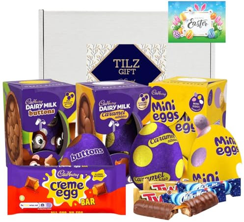 Tilz, Chocolate Egg Bundle, Gifts Set - For Cadbury Eggs, 4 Chocolate Bars - Cadbury Buttons, Mini Egg, Caramel, Dairy Milk Bag, 4 Chocolate Bars and Tilz Gift Card