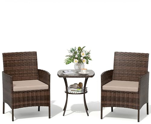 Amopatio 3 Pcs Rattan Garden Furniture Sets, Outdoor Bistro Set with Table and Chairs, Washable Cushions for Balcony, Patio, Backyard, Brown