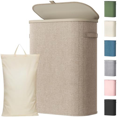 Lifewit 55L Laundry Basket with Lid, Slim Washing Basket with Handles and Bag, Large Foldable Dirty Clothes Organiser with Plastic Frame for Laundry Room, Bedroom, Bathroom, Beige