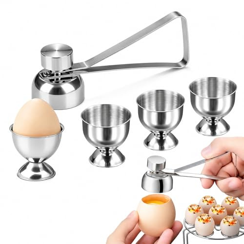 5 PCS Egg Cups and Opener, 4 Stainless Steel EggHolders & 1 EggTop Cracker for Raw/Boiled Eggs, Breakfast Tray Egg Cup Holder (Silver)