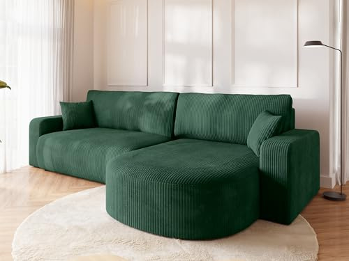 BROMARKT Ecksofa mit Schlaffunktion Kissen und Bettkasten L-Form Dunkelgrün | Wohnlandschaft für Wohnzimmer freistehendes großes Sofa Eckcouch mit Kissen Cordstoff Sofabett Sofabed BISK