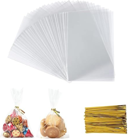 Sachet Plastique Transparent 100 Pièces - Sac Transparent 15x30 cm avec 100 Attaches Métalliques - Sac de Rangement Idéal pour Emballage Cadeaux, Bonbons, Pâtisseries et Alimentaire