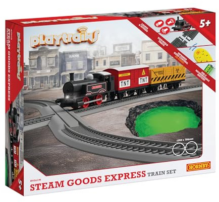 Hornby R9361M Playtrains Steam Goods Express Train Set - Kids Toy Trains for Ages 5+, Remote Controlled USB Rechargeable Locomotive with 2 Wagons, Track & Infrared Controller, Children's Train Sets