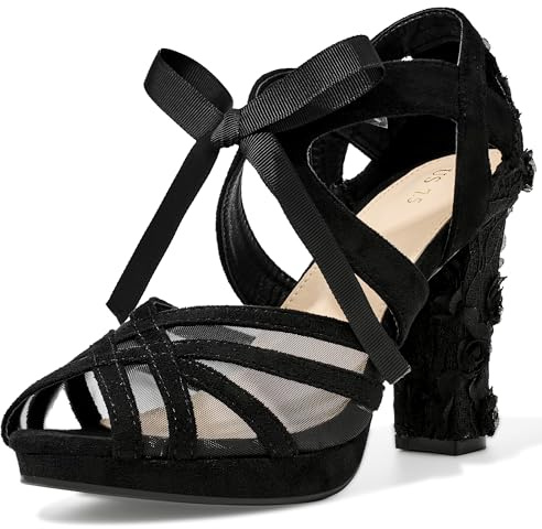 Perphy Floral Platform Heel Peep Toe Lace Chunky Heel Sandals for Women Black 6.5 UK/Label Size 8.5 US