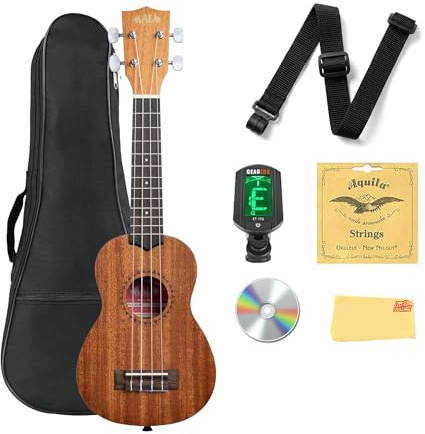 Kala KA-15S Satin Mahogany Soprano Ukulele Bundle with Gig Bag, Tuner, Strap, Strings, Austin Bazaar Instructional DVD, and Polishing Cloth