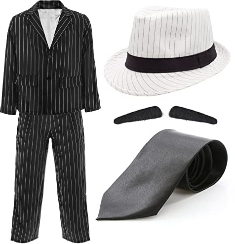 AMERIKANISCH-ITALIENISCHES GANGSTER-KOSTÜM FÜR ERWACHSENE AUS DEN 1920ER JAHREN - SCHWARZ NADELSTREIFENANZUG MIT KRAWATTE + WEIẞE NADELSTREIFEN-FEDORAHUT + SPIV SCHNURRBART (XX-GROẞ)