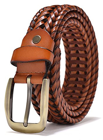 ECHAIN Men Braided Woven Genuine Leather Belt (Waist:34-36, Brown)