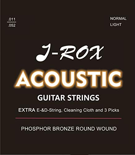 J-ROX Gitarrensaiten Westerngitarre - Premium Phosphor Bronze Saiten für die Westerngitarre, Akustikgitarre + Extra E-Saite + Extra D-Saite + Reinigungstuch + 3 Picks – Gitarren Saiten